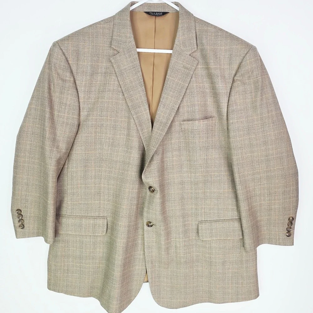 Jos. A. Bank Mens 50R Travelers Silk/Wool Tan Plaid Two Button Blazer Sport Coat